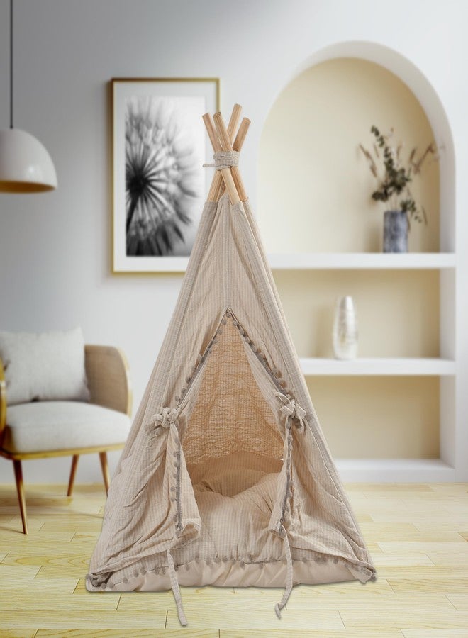 DECOVIA Dog & Cat Teepee Tent with Soft Cushion Bed - Cute Indoor Pet House for Small Dogs & Cats | Durable Wooden Frame & Breathable Cotton Fabric | (Size_28x28x31 Inches) (Beige) - Image 4